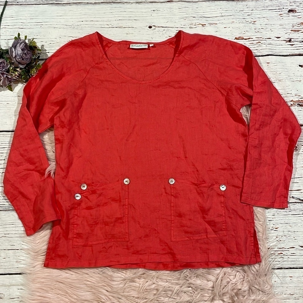Lulu-B Red Button Detail Linen Lagenlook Top